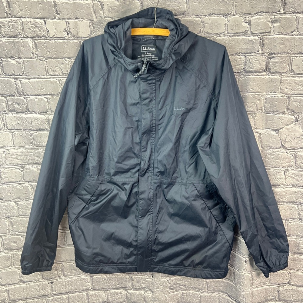 L.L. Bean Rain Jacket Mens Large Blue  Lightweight Hooded Windbreaker Full Zip
